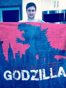 Connor with his new Godzilla shower curtain